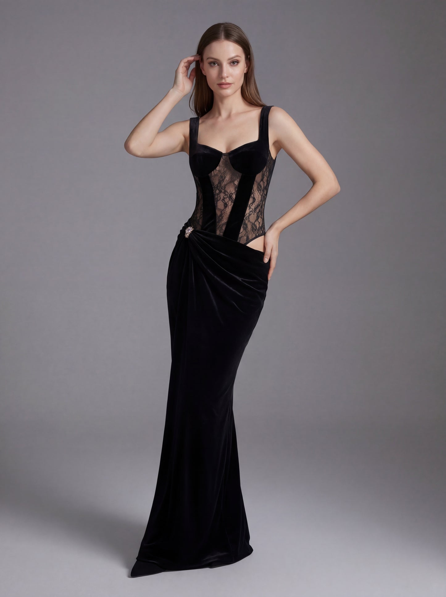 Lace Bustier Draped Maxi Velvet Dress Black HV2918