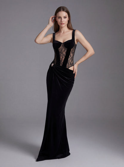 Lace Bustier Draped Maxi Velvet Dress Black HV2918