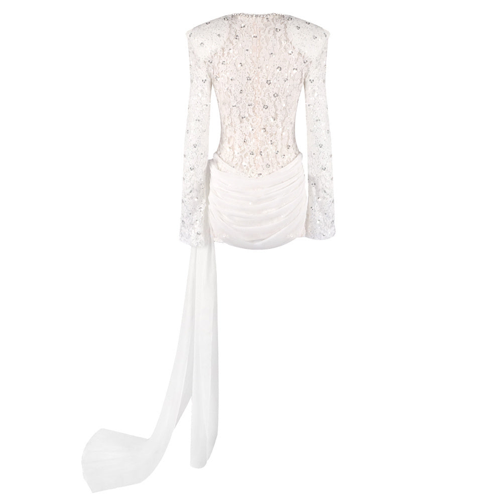 Long Sleeve Draped Sequin Lace Dress White HV0002