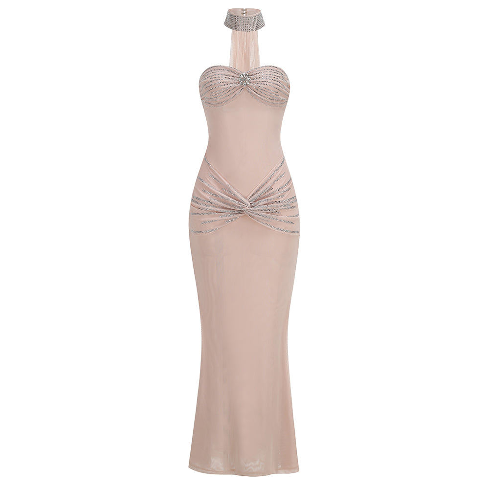 Strapless Crystal Draped Maxi Dress Nude HV3176