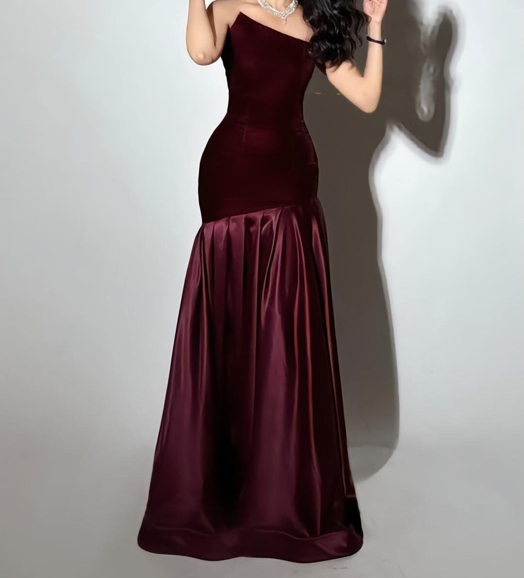 Strapless A Line Maxi Velvet Dress Burgundy HV3186
