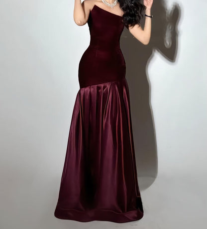 Strapless A Line Maxi Velvet Dress Burgundy HV3186