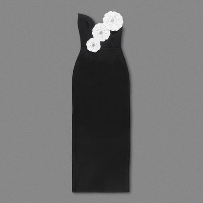 Strapless Floral Maxi Dress Black White HV1312