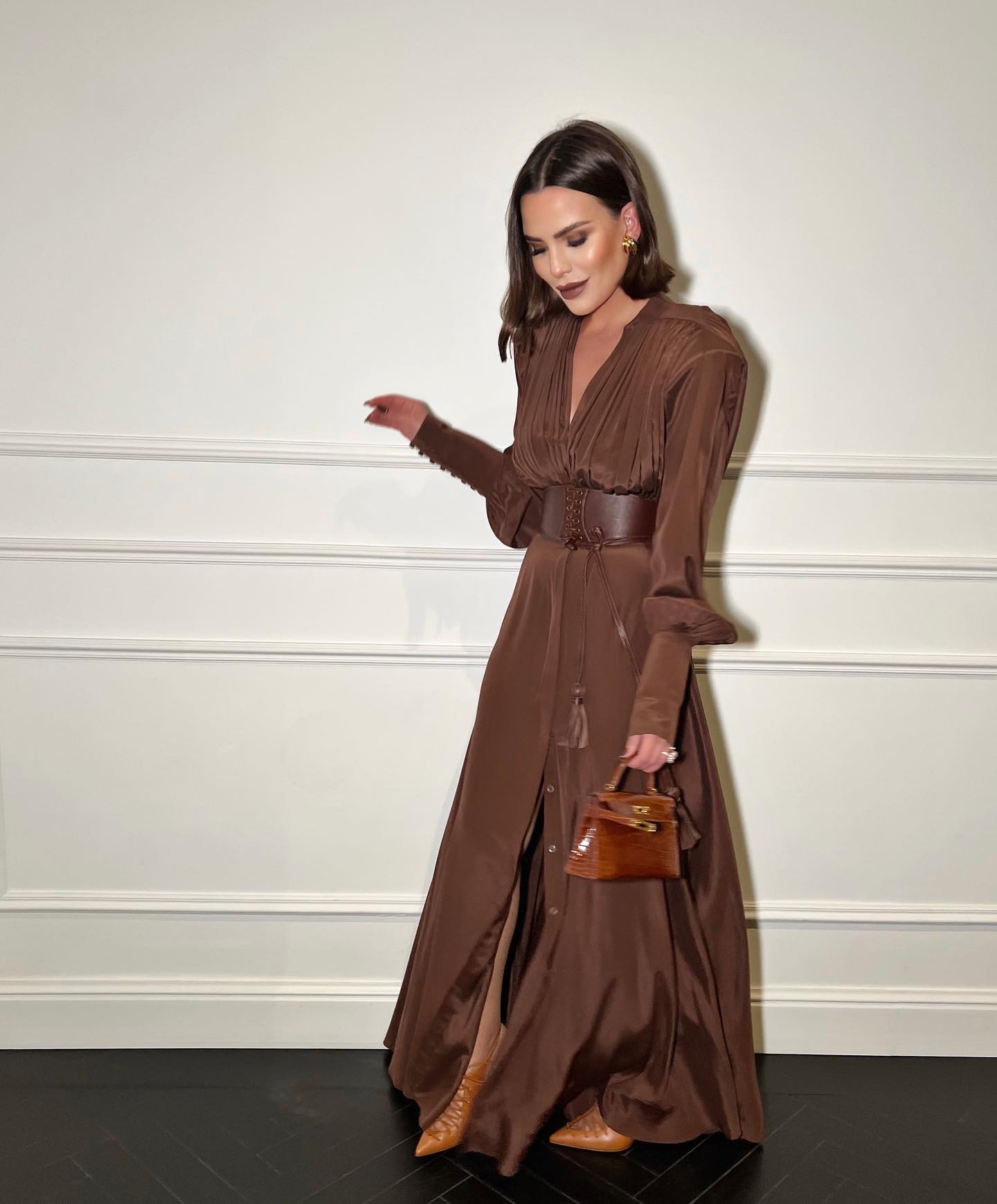 Long Sleeve Plunge V Neck Maxi Dress Brown HV1080