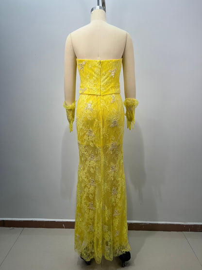 Strapless Embellished Lace Maxi Dress Yellow HV2817