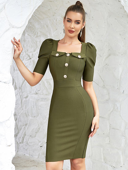 Puff Short Sleeve Button Dress Green HV9805