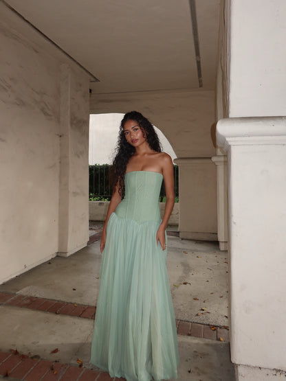 Strapless A Line Maxi Dress Green HV0086