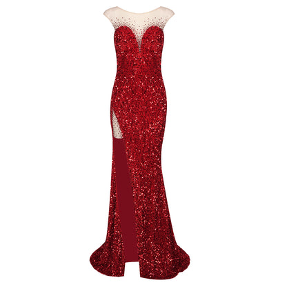 Mesh Insert Sequin Mermaid Maxi Dress Red HV1148