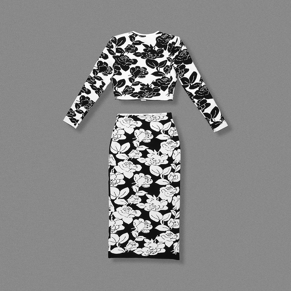 Long Sleeve Floral Two Piece Midi Dress Black White  HV2154