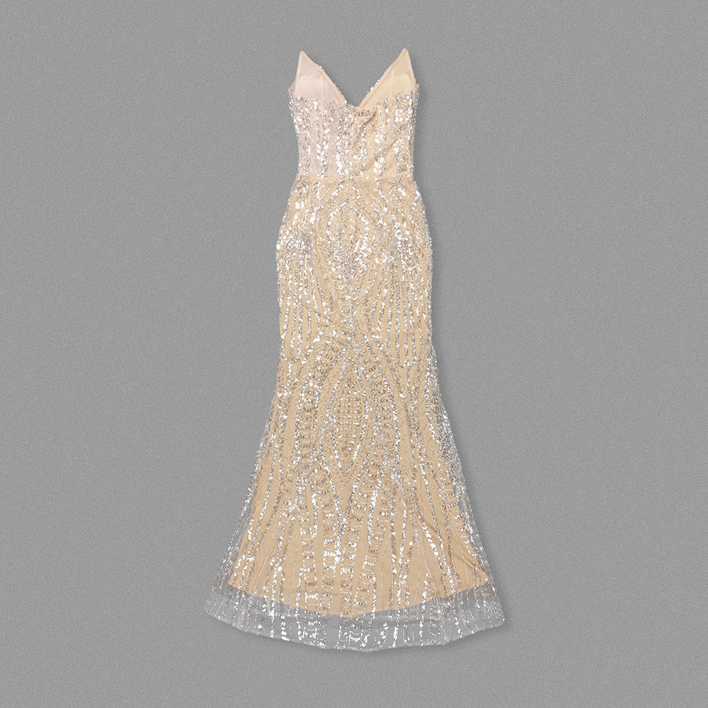 Strapless Crystal Sequin Maxi Dress Nude HV2196