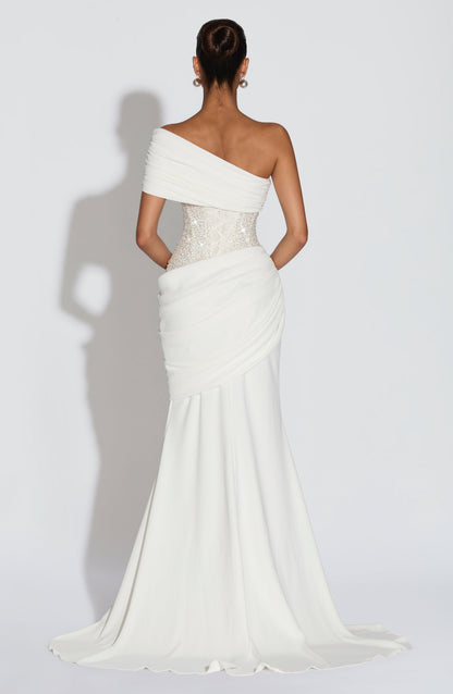 Draped One Shoulder Sequin Corset Maxi Dress HV3208