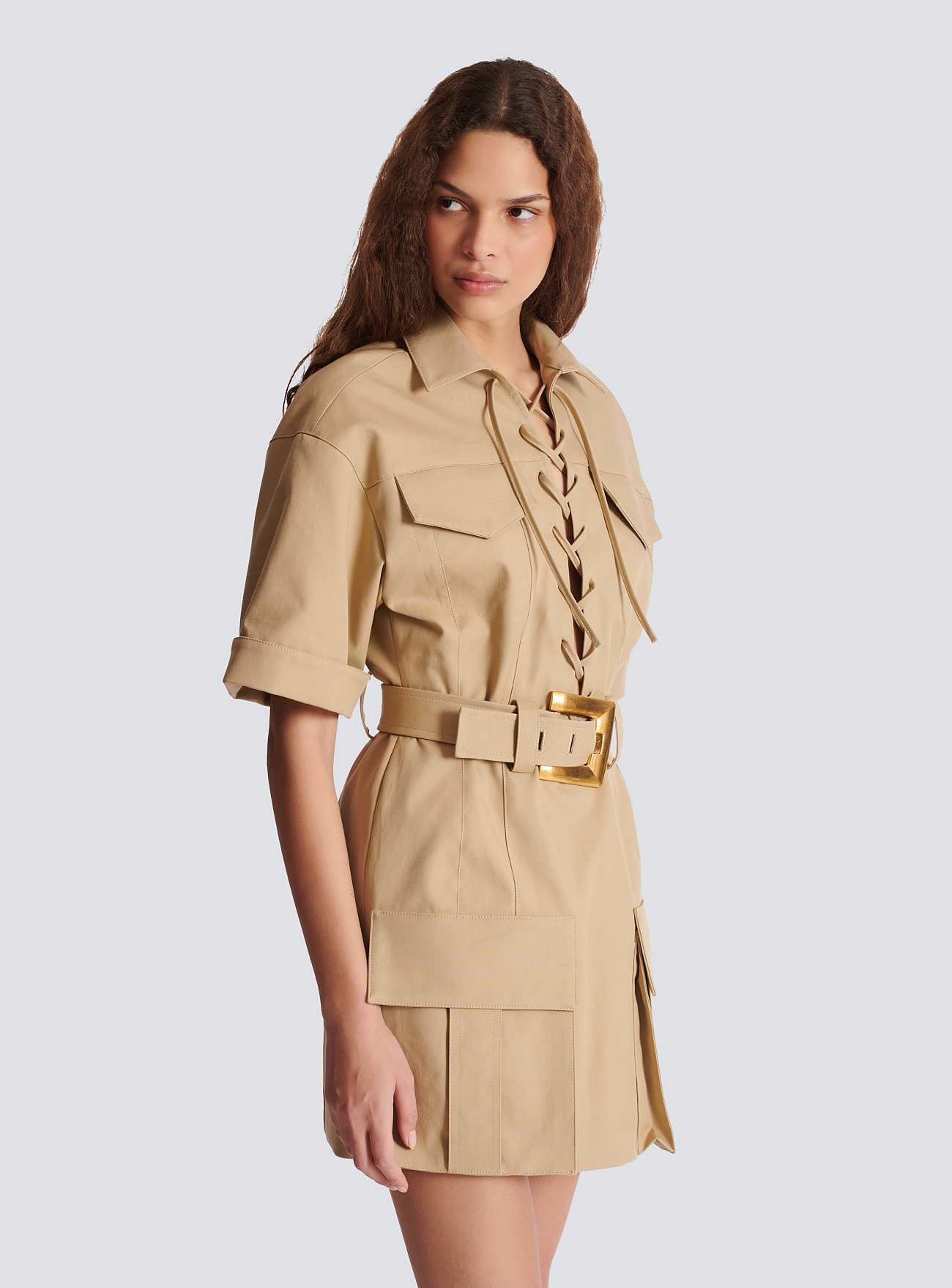 Short Sleeve Lace Up Detail Dress Came HV2748l