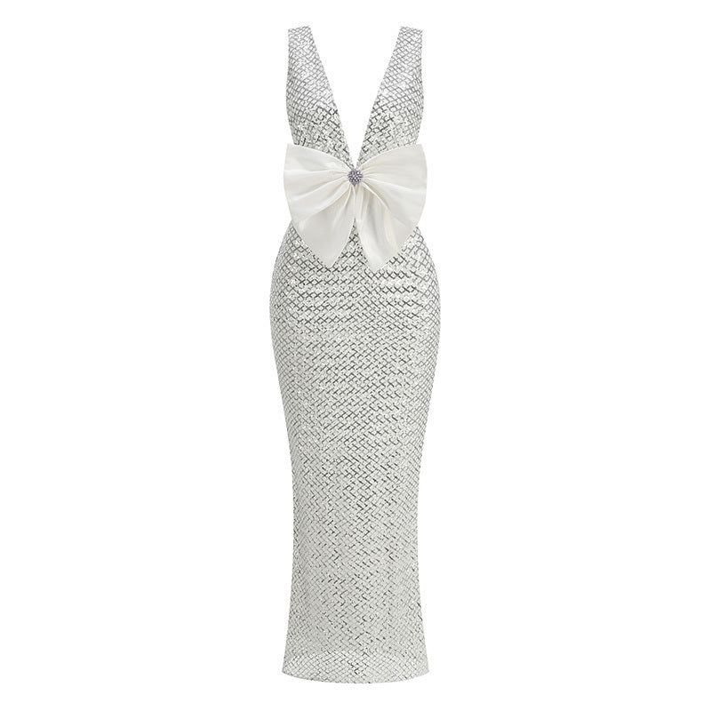 Bow Detail Sequin Maxi Dress Silver HV2767