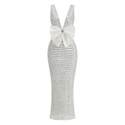 Bow Detail Sequin Maxi Dress Silver HV2767