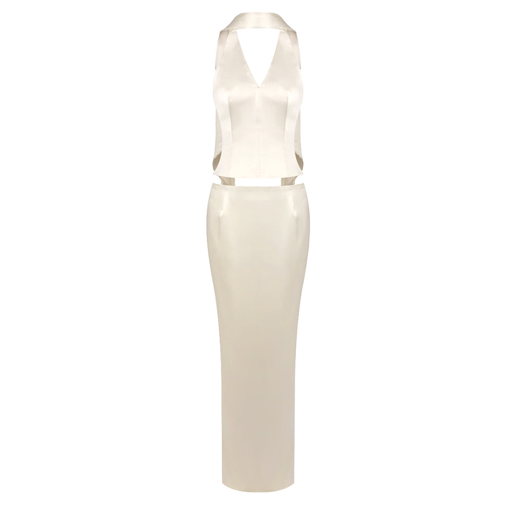 Halter Scarf Two Piece Maxi Dress Ivory HV0109