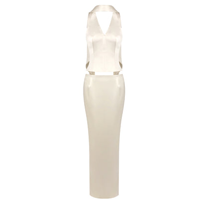 Halter Scarf Two Piece Maxi Dress Ivory HV0109