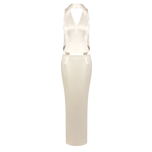 Halter Scarf Two Piece Maxi Dress Ivory HV0109
