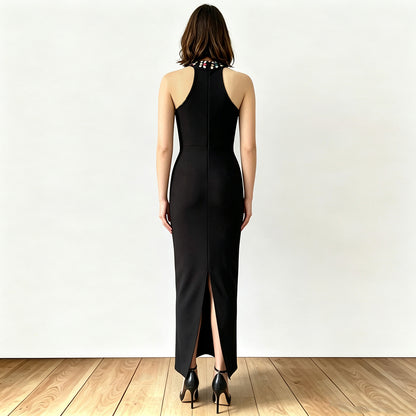 Halter Crystal Structured Bustier Maxi Dress Black HV3092