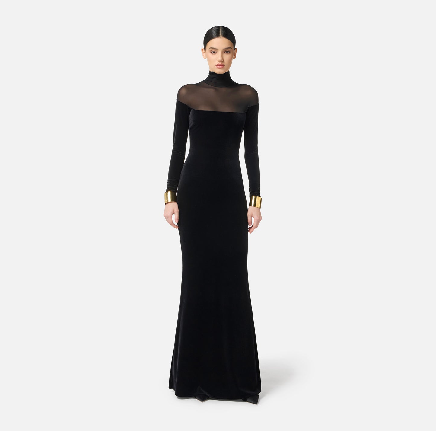 Long Sleeve Mesh Insert Maxi Velvet Dress Black HV0055