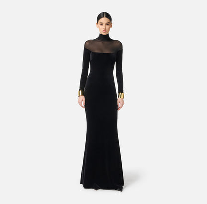 Long Sleeve Mesh Insert Maxi Velvet Dress Black HV0055