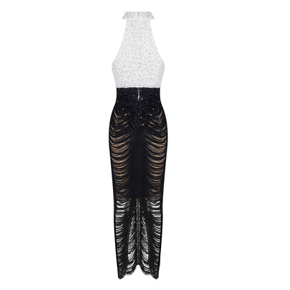 Pearl Sequin Tassel Maxi Dress White Black HV2129