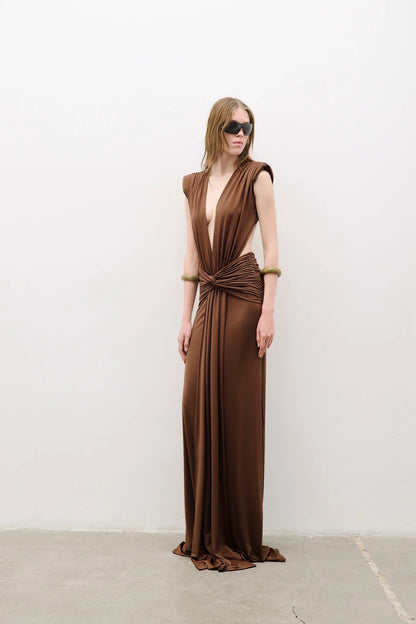 Backless Draped Maxi Dress Brown HV2673