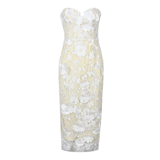 Strapless Bustier Floral Lace Midi Dress White HV1017