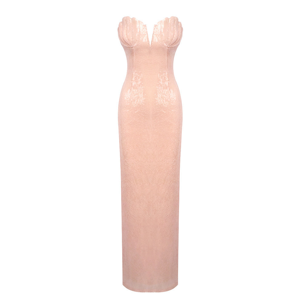 Strapless Shell Bustier Sequin Maxi Dress Coral Pink HV0053