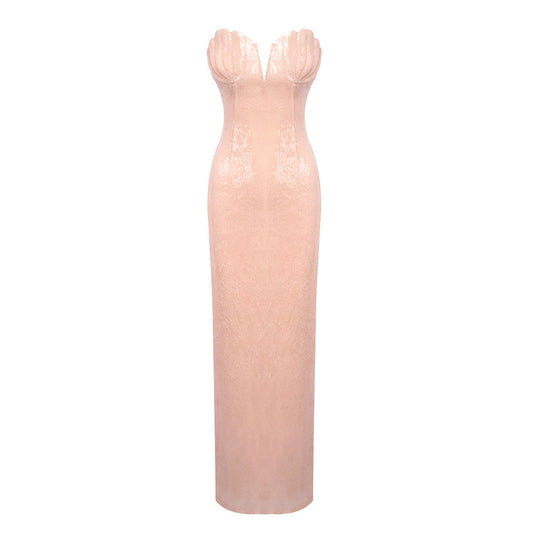 Strapless Shell Bustier Sequin Maxi Dress Coral Pink HV0053