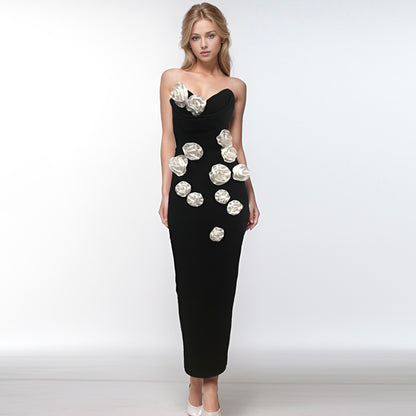 Strapless Floral Corset Maxi Dress Black White HV1703