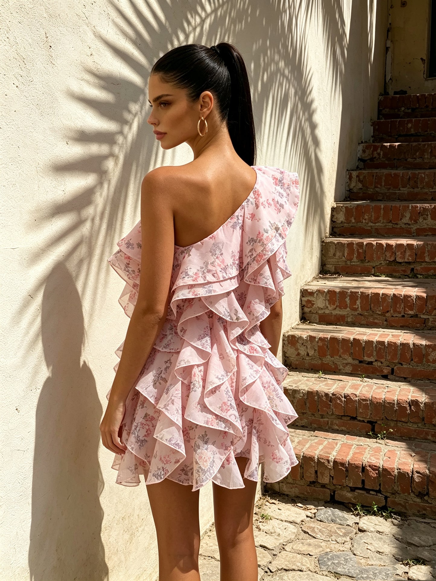 One Shoulder Floral Ruffle Dress Pink HV3130