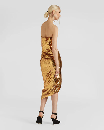 Strapless Zipper Detail Sequin Midi Dress Gold HV9976