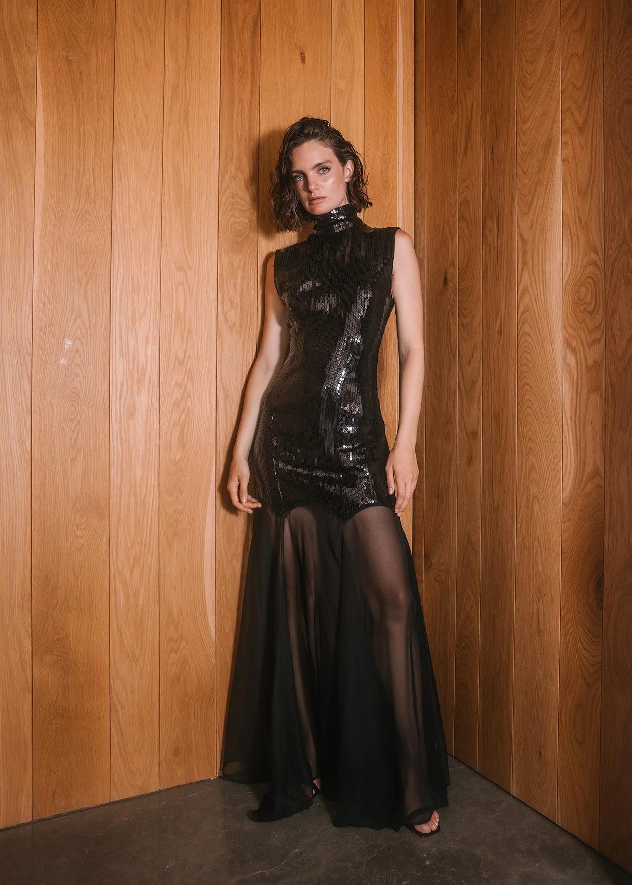 Sequin Mesh Insert Maxi Dress Black HV2197