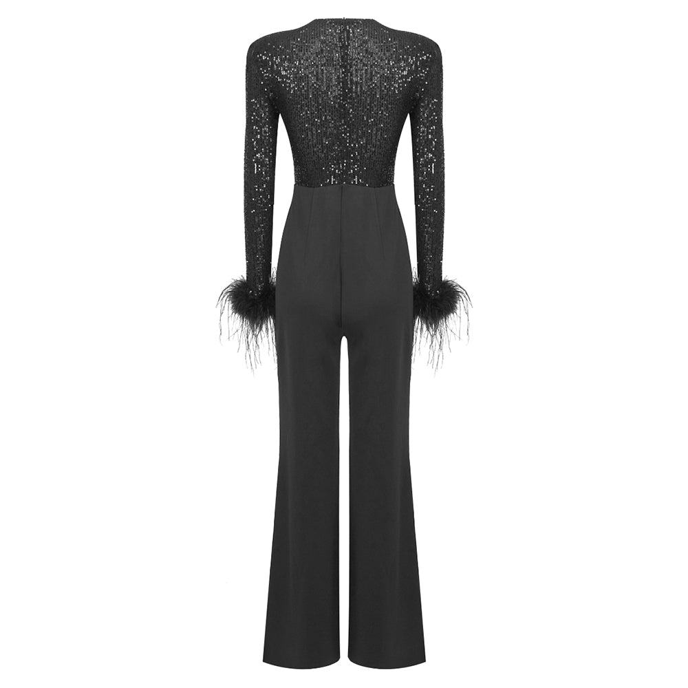 Long Sleeve Sequin Feather Jumpsuit Black HV1079