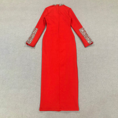 Long Sleeve Crystal Detail Midi Dress Red  HV1687