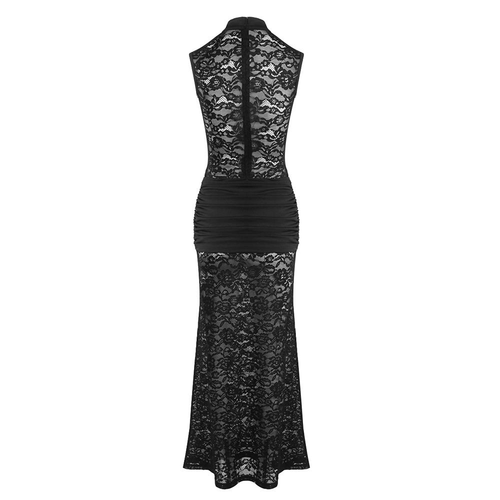 Cut Out Detail Lace Maxi Dress สีดำ HV0020