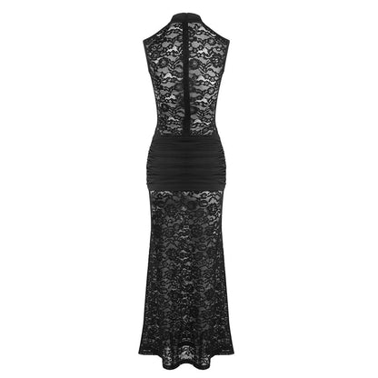 Cut Out Detail Lace Maxi Dress สีดำ HV0020