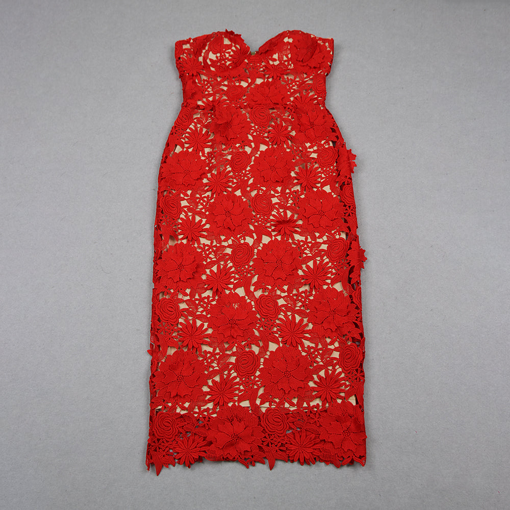 Strapless Bustier Floral Crochet Midi Dress Red HV1270