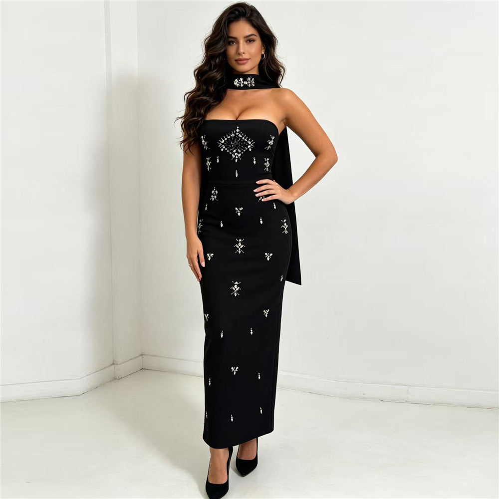 Strapless Crystal Scarf Maxi Dress Black HV3093
