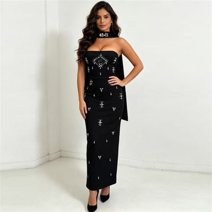 Strapless Crystal Scarf Maxi Dress Black HV3093