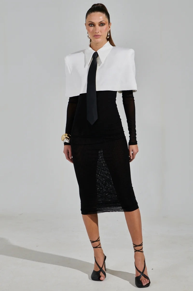 Long Sleeve Shirt Midi Dress Black White HV2453