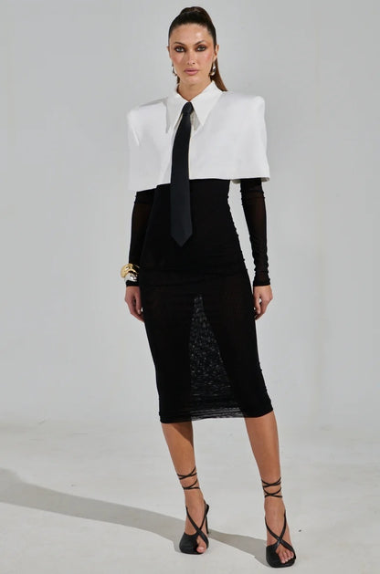 Long Sleeve Shirt Midi Dress Black White HV2453
