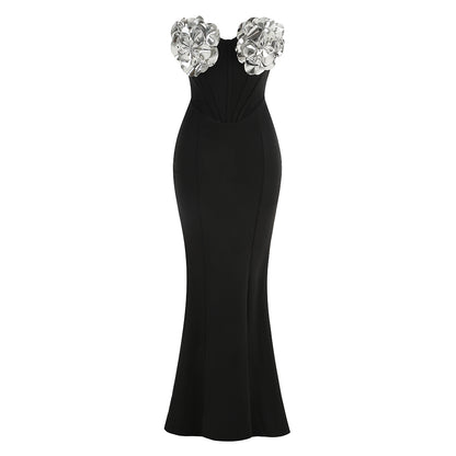 Strapless Floral Bustier Maxi Dress Black Silver HV2037