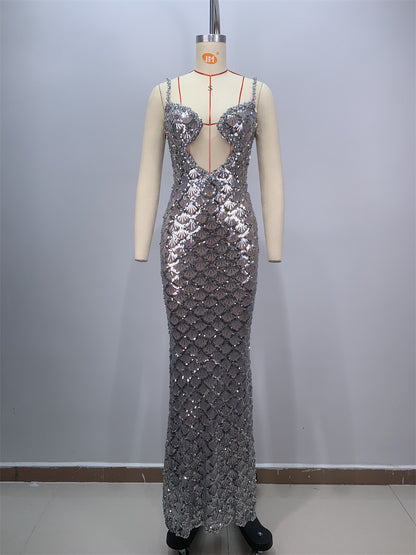 Crystal Bustier Sequin Maxi Dress Silver HV1627