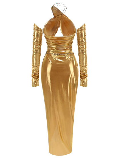 Halter Long Sleeves Draped Maxi Dress Gold HV1653