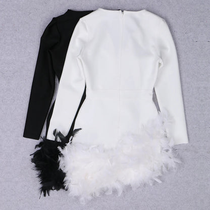 Long Sleeve Rhinestone Feather Dress  HV9215