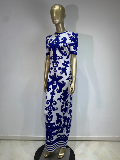 Short Sleeve Printed Maxi Dress Blue White HV1737