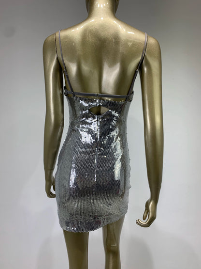 Cut Out Detail Sequin Dress Silver HV9731