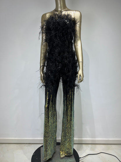 Strapless Feather Sequin Jumpsuit