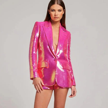 Long Sleeve Sequin Short Suit Hot Pink